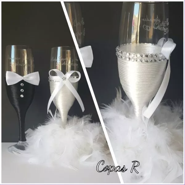 Copas de novios personalizadas en blanco y negro con brillantes, copa de novio esmoquin y copa de novia con lazo