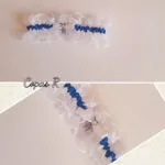 Liga encaje blanco con lazo satén azul y mariposa para novia