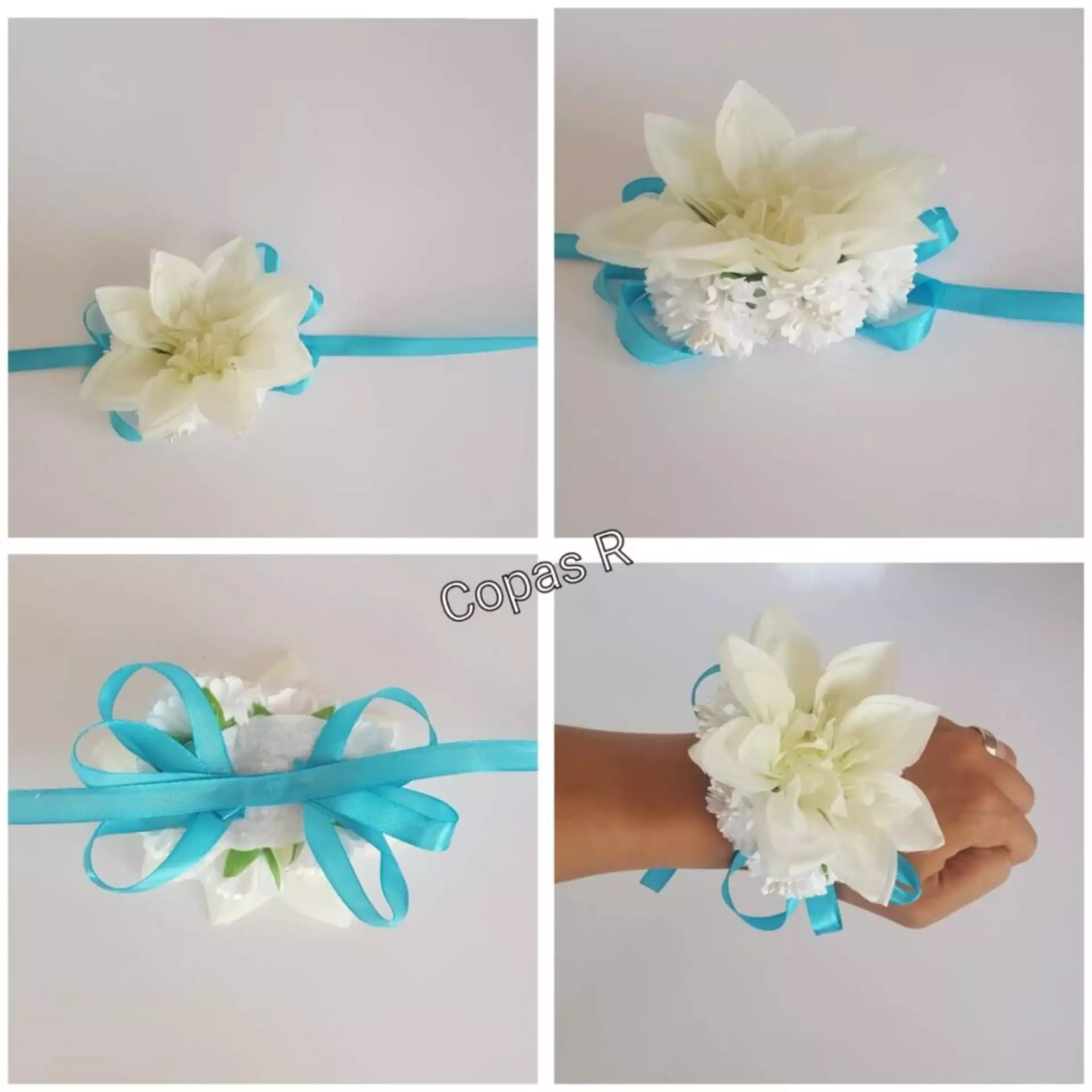 Pulsera de dama de honor con lirio marfil, hortensia blanca y lazo turquesa en la muneca