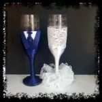 Copas de novios personalizadas en azul con encaje y tul