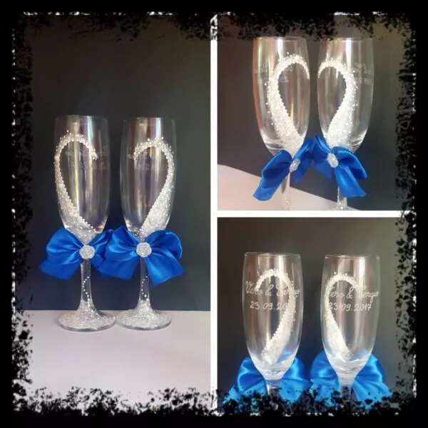 Copas de novios personalizadas en plata con corazón de perlas y lazo azul con falda de tul