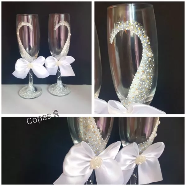 Copas de novios personalizadas en blanco con corazón de perlas, brillantes y lazos de raso