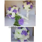 Prendido de novio con rosas lilas y marfil a juego con ramo