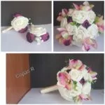 Prendido de novio con rosas blancas, moradas y cala rosa