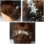 Tocado de novia con flores blancas, detalle azul y perlas