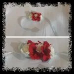 Pulsera dama de honor rojo y blanco con cinta plata