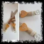 Set cuchillo y pala de tarta de boda rústico con yute y corazón madera