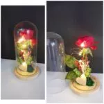 Cúpula de cristal con rosa roja, luces LED y corazón de madera