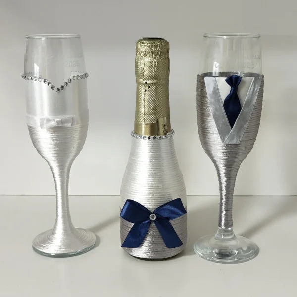 Botella y copas de novios decoradas – Modelo 7