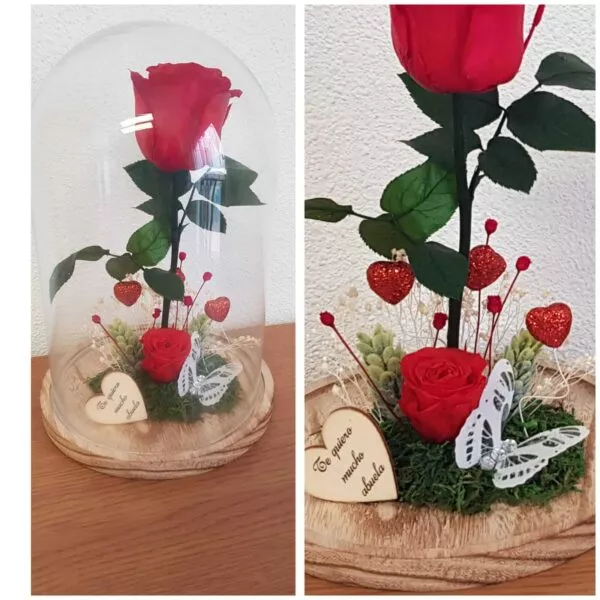Cúpula de cristal con rosa preservada roja y corazón de madera con mensaje para abuela