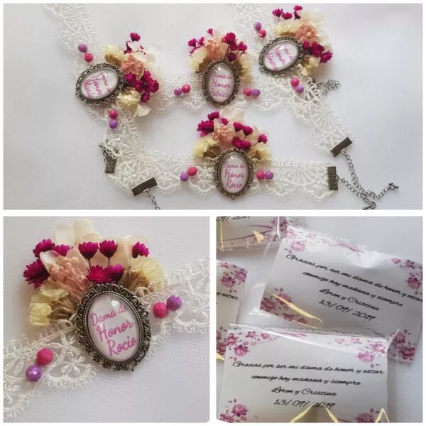 Pulsera de encaje blanco con camafeo y flores secas fucsia y crema con tarjeta personalizada