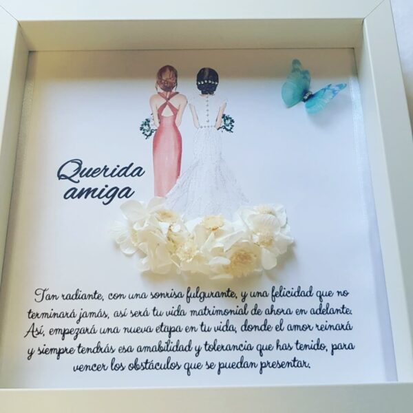 Cuadro personalizado decorado con mariposa de organza azul turquesa y strass sobre fondo blanco