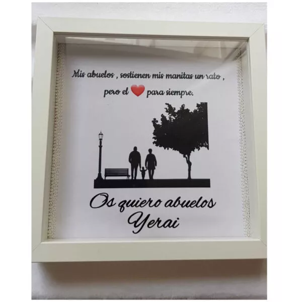 Cuadro personalizado para abuelos con silueta de pareja bajo un árbol, corazón rojo y texto Os quiero abuelos