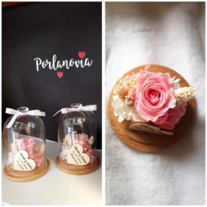 Mini cúpula de cristal con rosa preservada y corazón personalizado