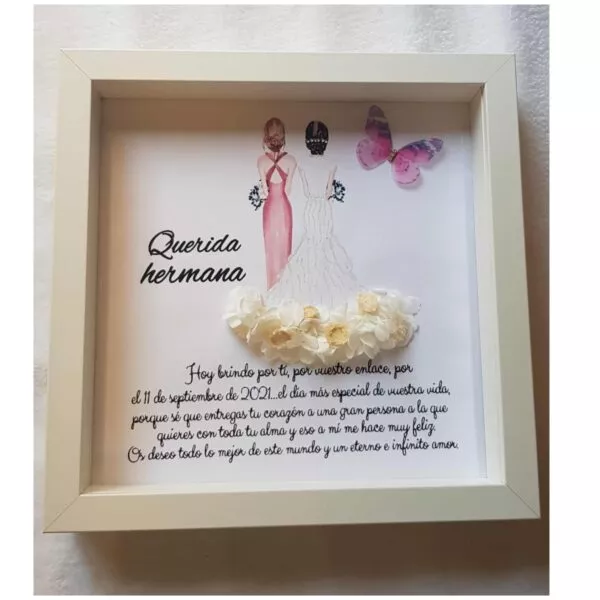 Cuadro personalizado para hermana con dama de honor en rosa y novia en blanco, globos rosas y flores blancas, texto 'Querida hermana'