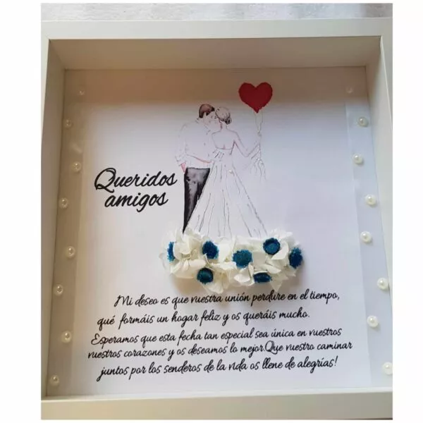 Cuadro de boda para amigos con silueta de novia, globo corazón rojo y flores azules en marco crema con perlas
