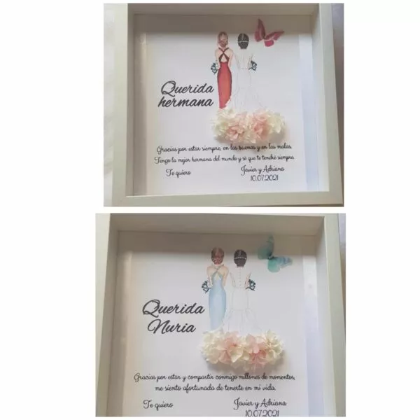 Cuadros personalizados Querida hermana y Querida Nuria con siluetas de vestido rojo y azul y flores
