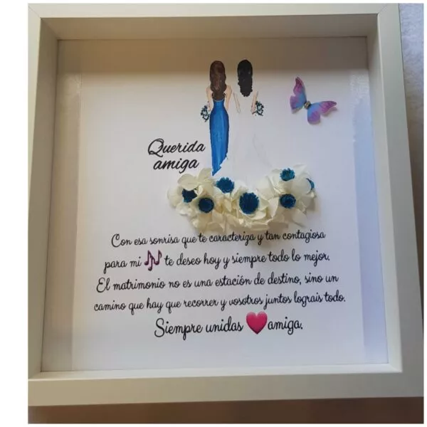 Cuadro personalizado Querida amiga con silueta de vestido azul, flores azules y mariposa