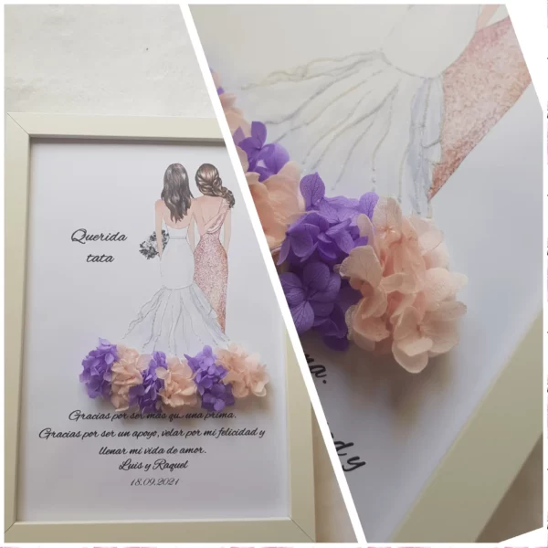 Cuadro personalizado Querida tata con dos figuras femeninas y flores de papel lila y rosa con mariposa
