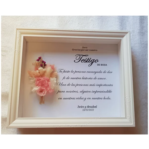 Cuadro personalizado Testigo de boda con flores preservadas rosas y melocotón y dedicatoria