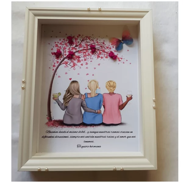 Cuadro personalizado con tres amigas abrazadas bajo un árbol de hojas rosas y mariposa