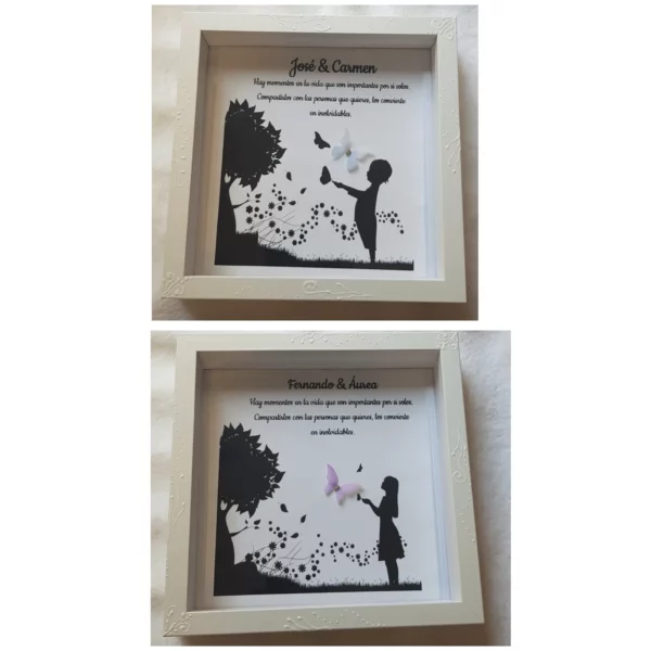 Dos cuadros personalizados con silueta negra de niño y niña soplando diente de león, mariposa rosa, nombres y dedicatoria de pareja