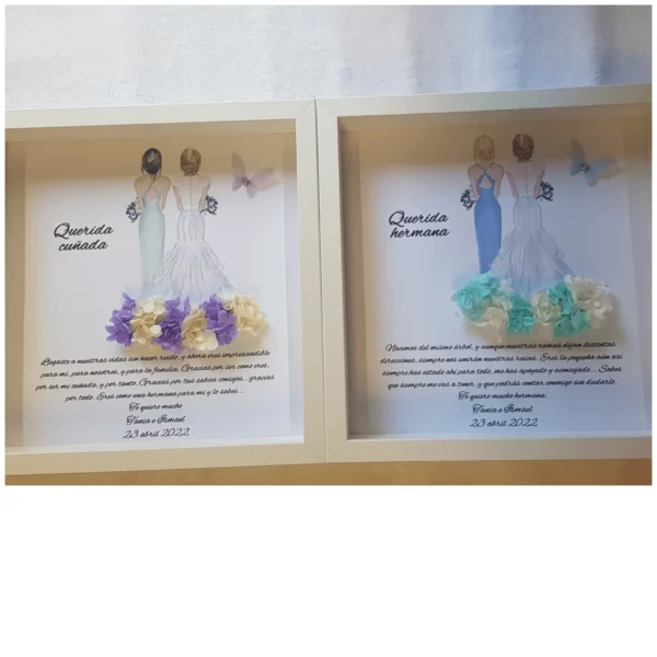 Cuadro personalizado Querida cuñada y Querida hermana con figuras y flores de papel lila, dorado y turquesa
