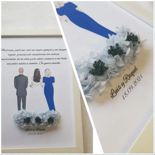 Cuadro personalizado de los padres con figuras de hombre y mujer en vestido azul y flores de papel blancas y verdes