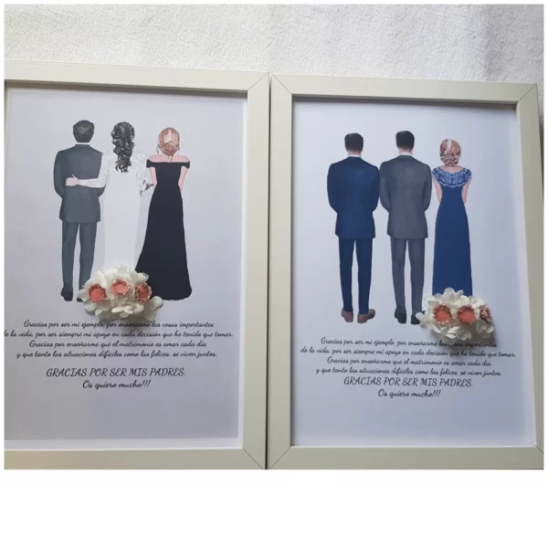 Cuadro personalizado Gracias por ser mis padres con figuras de familia y ramo de flores en tonos azul marino