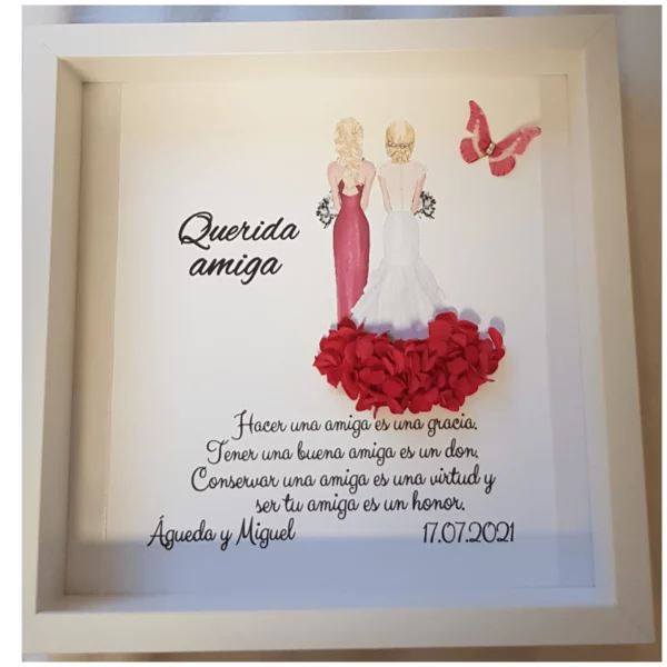 Cuadro personalizado Querida amiga con dos figuras femeninas, petalos de rosa rojos y mariposa