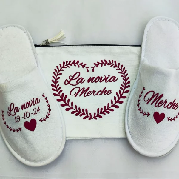 Set zapatillas y neceser personalizados para novia con vinilo rojo
