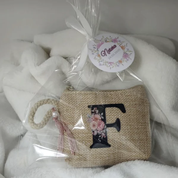 Monedero de yute personalizado con inicial, diseño floral, bolsita y tarjeta