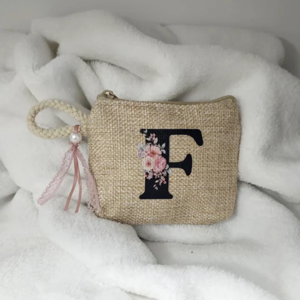 Monedero de yute personalizado con inicial, diseño floral, bolsita y tarjeta