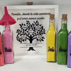 Cuadro ceremonia de la arena con árbol de la vida y frase sobre la familia y el amor.