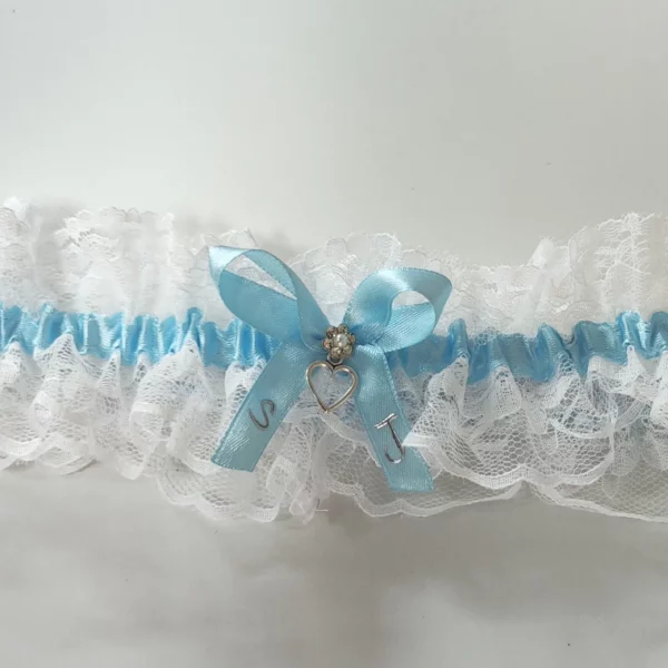 Liga de novia azul con encaje blanco y cinta ajustable