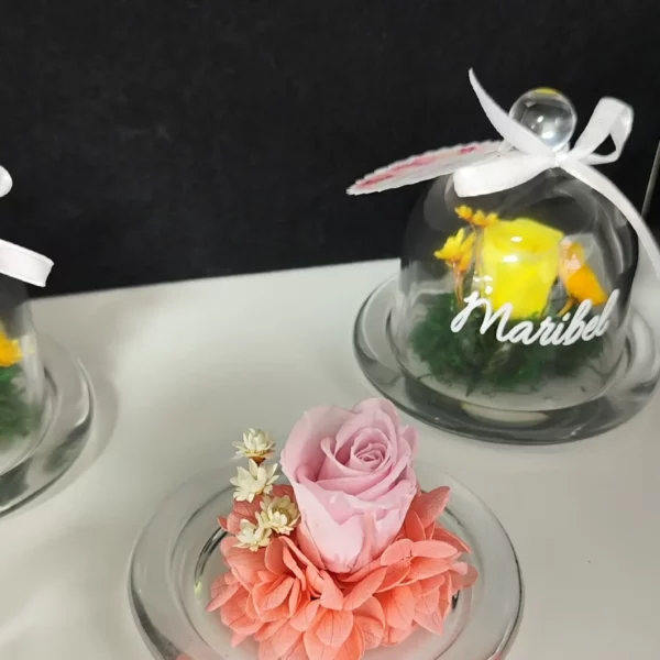 Mini cúpula de cristal con rosa preservada y nombre personalizado en vinilo