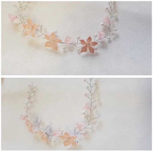 Tocado floral con perlas y flores en tonos suaves