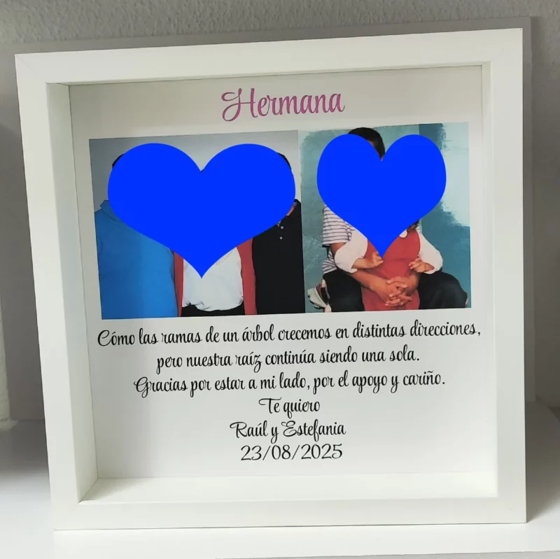 Cuadro de agradecimiento para hermana con foto y dedicatoria personalizada.