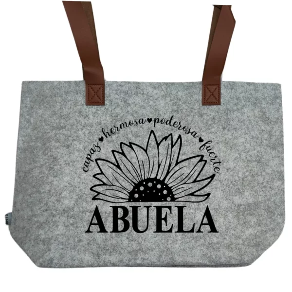 Bolso de fieltro gris para abuela con diseño de girasol y frase "capaz hermosa poderosa fuerte"