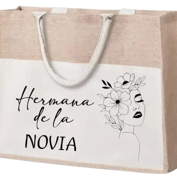 Bolso de yute natural para Hermana de la Novia con bolsillo blanco, diseño de silueta floral y frase.