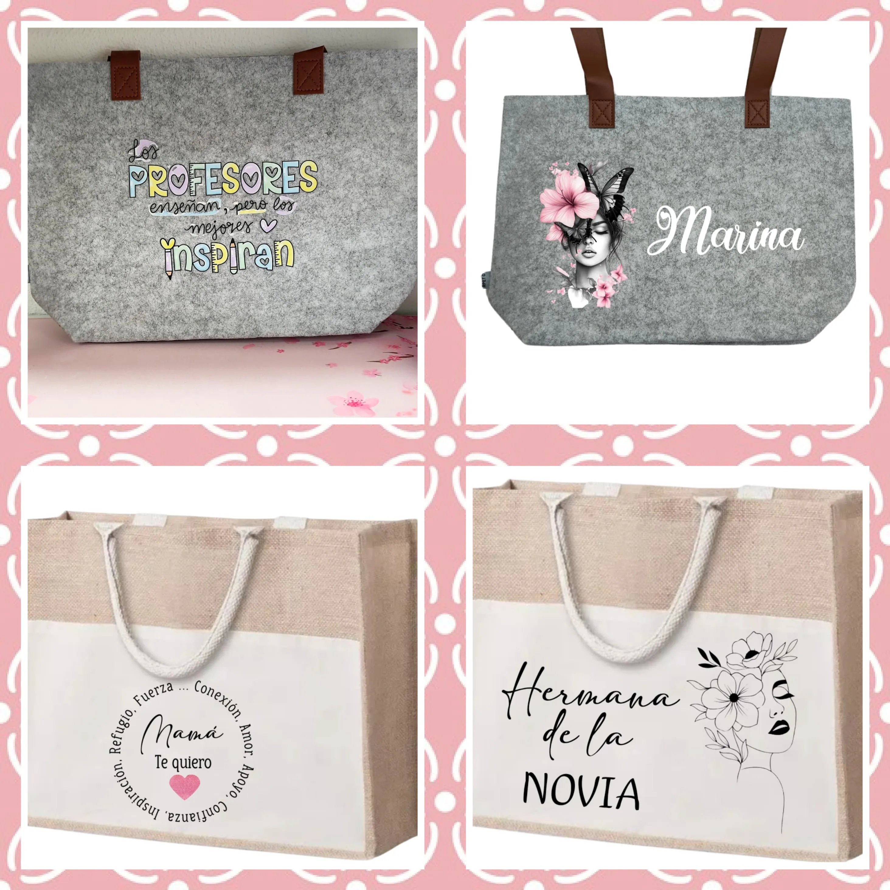 Variedad de bolsos personalizados de yute y fieltro para regalos originales