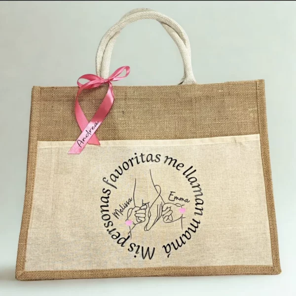Bolso de yute personalizado para mamá con nombres de hijos