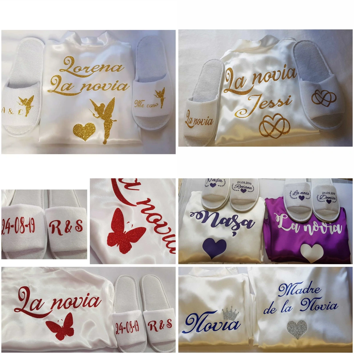 Colaj de batas personalizadas para novia y damas de honor con zapatillas a juego, personalizadas con nombre o fecha
