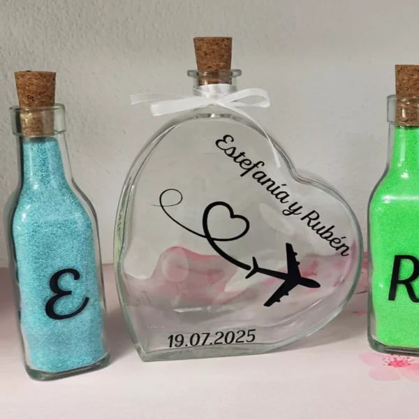 set ceremonia arena personalizado botella corazon nombres fecha avion