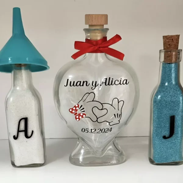 set ceremonia arena personalizado botella corazon nombres fecha mickey minnie
