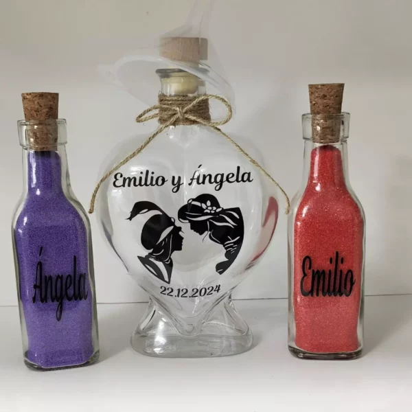 set ceremonia arena personalizado botella corazon nombres fecha silueta