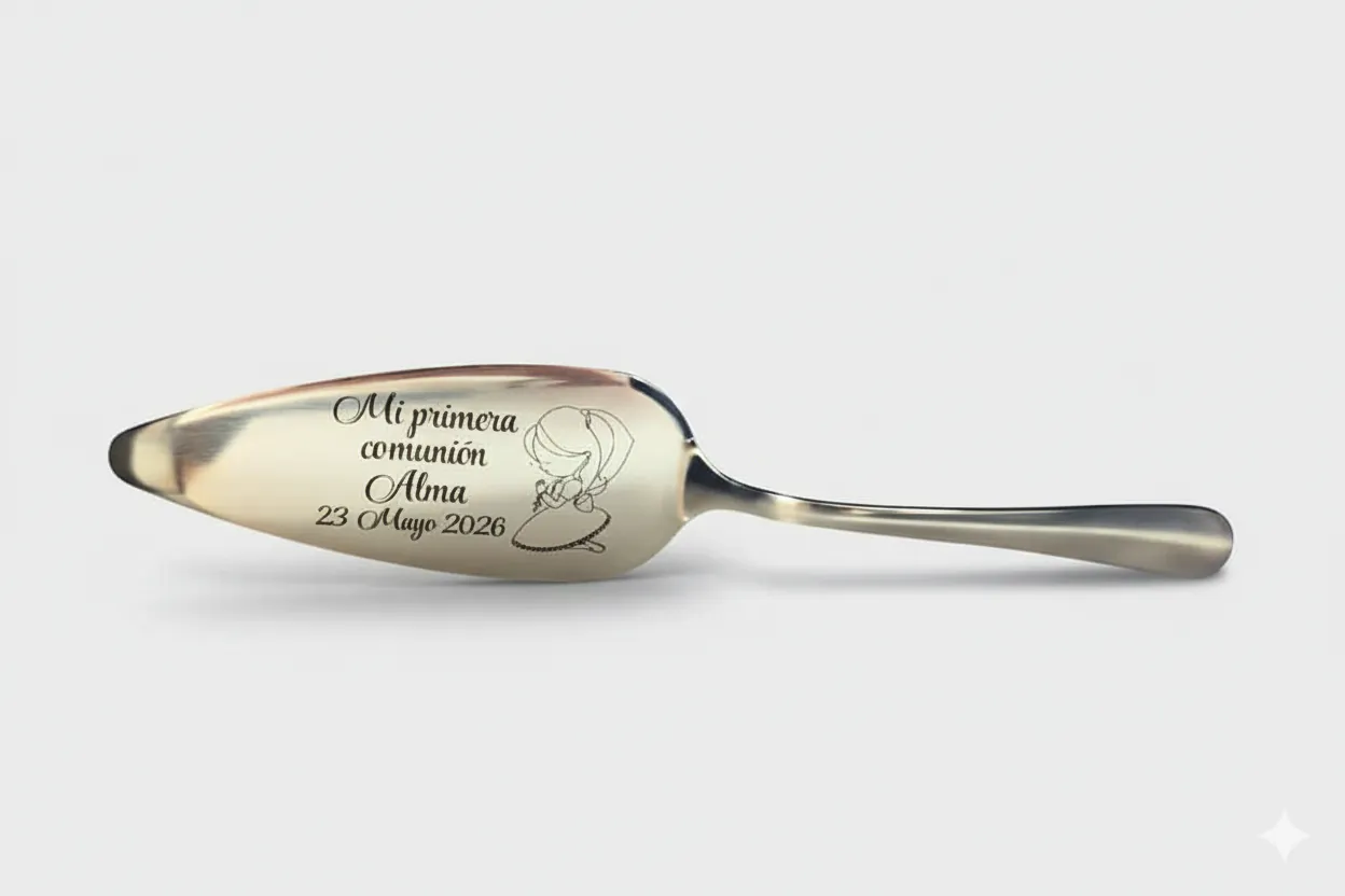 Pala para tarta de primera comunión personalizada con grabado láser en acero inoxidable