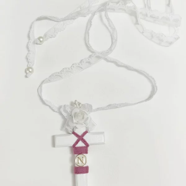 cruz de comunión niña en celeste y blanco con cordón