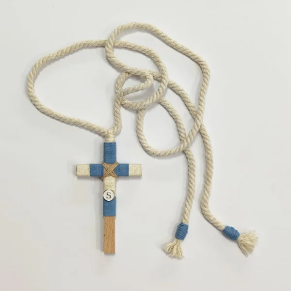 cruz comunión niño azul celeste beige dorado detalle