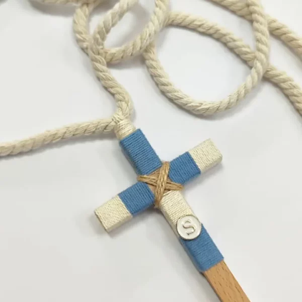cruz de comunión niño azul celeste beige dorado